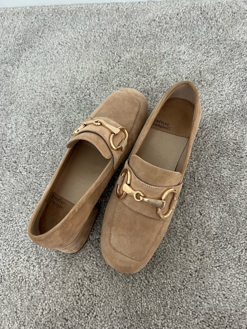 Jeffrey Campbell Suede Loafers in Camel with Gold Hardware